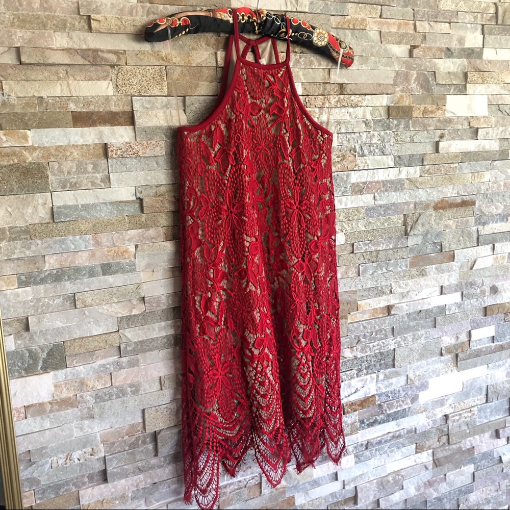 Vintage 90s Red Lace Dress Sheer Overlay Halter Midi XS
